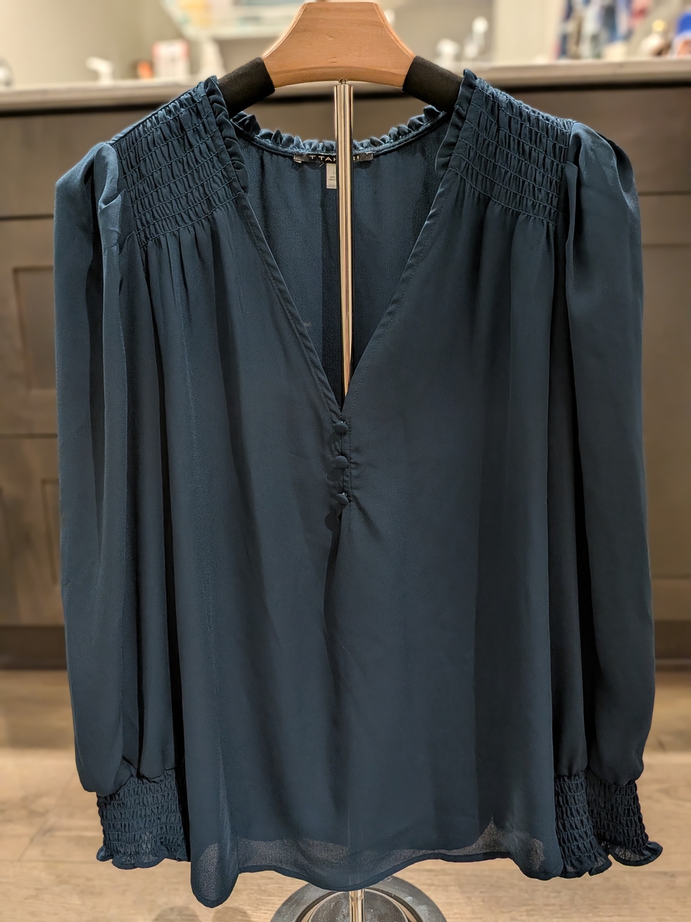 T Tahari Deep Teal Smocked-Yoke V-Neck Long Sleeve Blouse